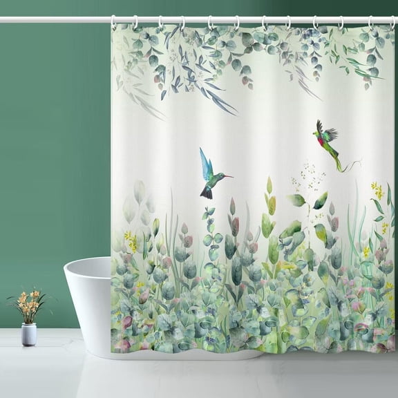 Green Leaf Shower Curtain, Emerald Bird Mint Green Shower Curtain -72 "W x 72" L with 12 Hooks, Weighted Hem Shower Curtain, Waterproof Bathroom Shower Curtain, Hummingbird Shower Curtain