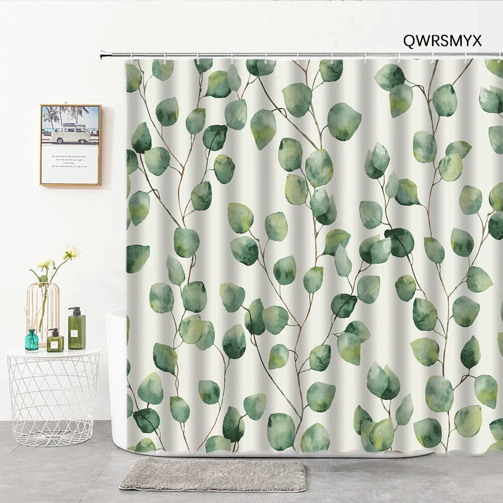 Green Leaf Shower Curtain Fabric Modern Simple Watercolor Plants