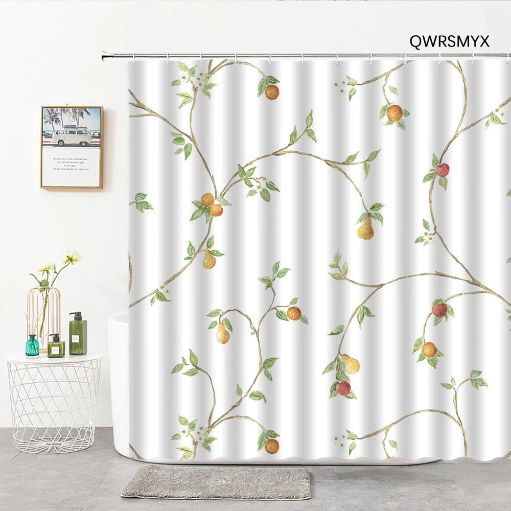 Green Leaf Shower Curtain Fabric Modern Simple Watercolor Plants