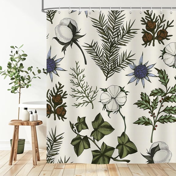 Green Leaf Shower Curtain, Nature Inspired Waterproof Bathroom Curtain, Cottage Style Polyester with Hooks 72"W x 78"L (Pack of 1)