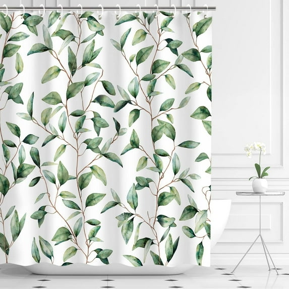 Green Leaf Shower Curtain, Plant Shower Curtain, Eucalyptus Shower Curtain, Watercolor Sage Leaves Branches Botanical Nature Shower Curtain for Bathroom with 12 Hooks, 72W x 72H Inches