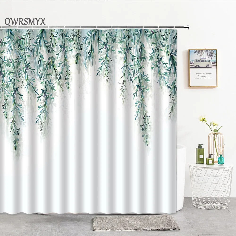 Green Leaf Shower Curtains Watercolor leaf Top Plant with floral