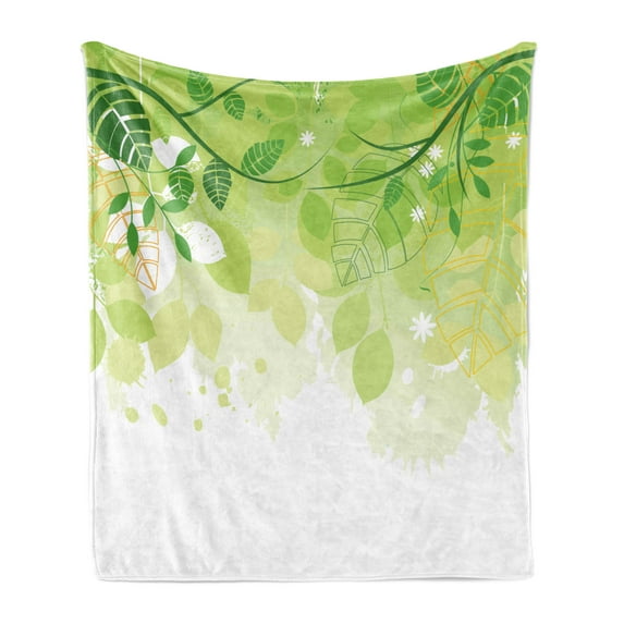 Green Leaf Soft Flannel Fleece Throw Blanket, Flourishing Springtime Abstract Composition with Leaves Fantasy Flora, Cozy Plush for Indoor and Outdoor Use, 60" x 80", Green Yellow White, by Ambesonne