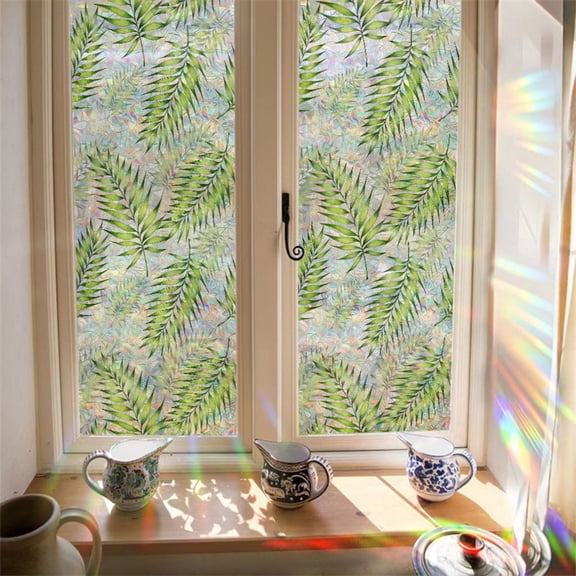 Green Leaf Stained Glass Static Window Film 17.7"x39.4", Rainbow Privacy Window Clings, Removable Palm Monstera Leaf Glass Stickers, Decorative Reusable Window Decals for Home Living Room Bathroom