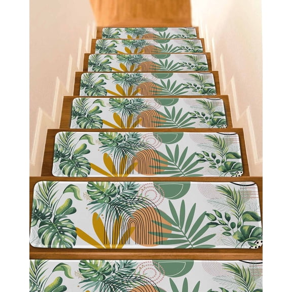 Green Leaf Stair Treads Geometric Line Simple Abstract Tropical Plants Indoor Non Slip Peel and Stick Stair Treads for Wooden Steps 10 PCS, Soft Adhesive Staircase Mats Runner Rugs 8"x30"