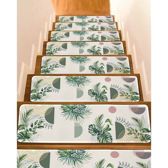 Green Leaf Stair Treads Geometric Line Tropical Plants Simple Abstract Indoor Non Slip Peel and Stick Stair Treads for Wooden Steps 10 PCS, Soft Adhesive Staircase Mats Runner Rugs 8"x30"