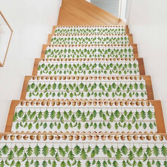 Green Leaf Stair Treads Non Slip for Steps Brown Oak Fruit Plant Cartoon Fruits Abstract 7 Pcs Reusable Adhesive Stair Runner Mats for Dogs Elders Carpet Treads Rugs for Staircase 8x30 In