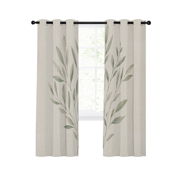 Green Leaf Stems Blackout Curtains for Bedroom Living Room, Fall Olive Green Branch Botanical Linen Textured 96 In Long Thermal Insulated Room Darkening Drapes Grommet Window Treatments, 52 x 96 In