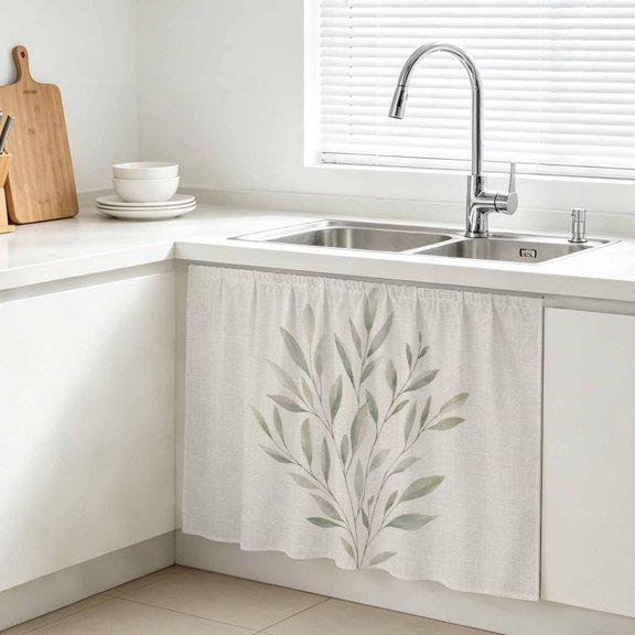 Green Leaf Stems Cabinet Curtain, Fall Olive Green Branch Botanical Linen Textured Sink Skirt for Bathroom, Under Sink shelf Curtain Privacy Drape for Kitchen Laundry Room 10x11in