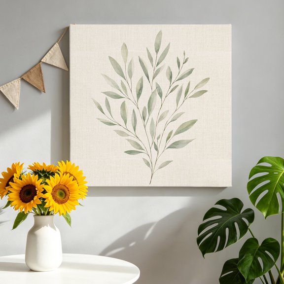 Green Leaf Stems Canvas Wall Art, Fall Olive Green Branch Botanical Linen Textured Framed Canvas Wall Decor Picture Print Artwork Decorations for Living Room Office Ready to Hang 8" x 8"