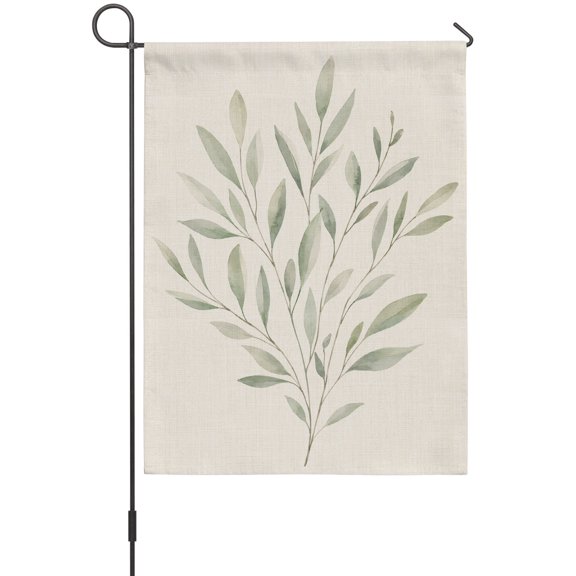 Green Leaf Stems Garden Flag 12 x 18 Inches, Fall Olive Green Branch Botanical Linen Textured Weather Proof Outdoor Patio Flags Double Sided Small Garden Decoration for Yard Outside Home