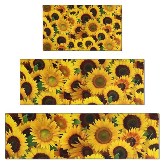 Green Leaf Sunflower Pattern Kitchen Rugs Sets Of 3,Kitchen Runner Rugs Non Skid Washable,Decorative Kitchen Floor Mats for Kitchen,Sink,Laundry,17"x30"+ 17"x47" + 17"x59"