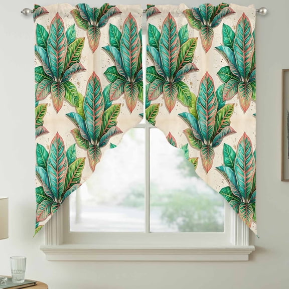 Green Leaf Swag Kitchen Curtain Valances, Botanical Tropical Lush Foliage Deep Green Leaf Rod Pocket Curtains Window Treatment Decor Valances for Bedroom Bathroom, 2 Panels 28 x 36 Inch