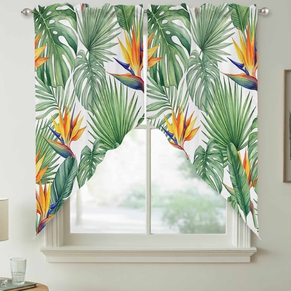 Green Leaf Swag Kitchen Curtain Valances, Bright Bird of Paradise Flower Emerging from Lush Greenery Rod Pocket Curtains Window Treatment Decor Valances for Bedroom Bathroom, 2 Panels 36 x 63 Inch