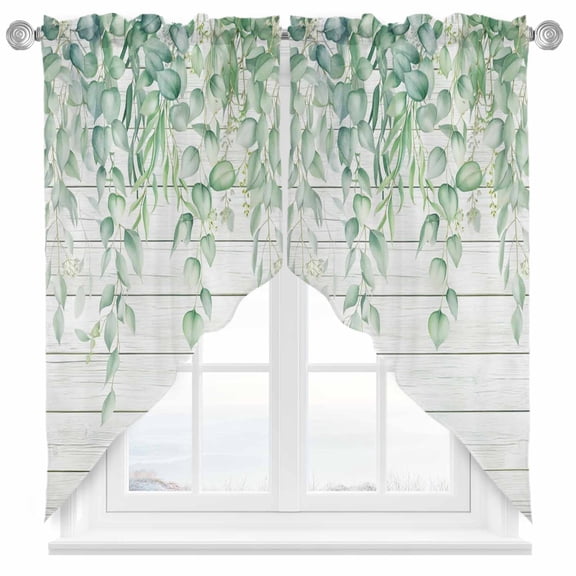 Green Leaf Swag Kitchen Curtain Valances, Eucalyptus Leaves White Wood Striped Spring Plant Rod Pocket Curtains Window Treatment Decor Valances for Bedroom Bathroom, 2 Panels 28 x 36 Inch