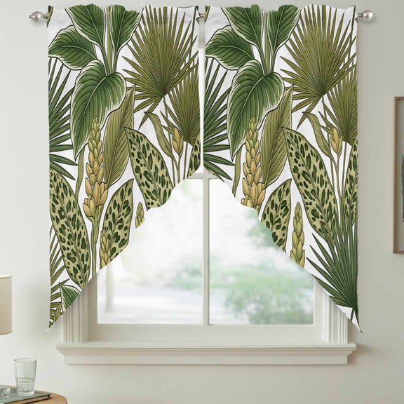 Green Leaf Swag Kitchen Curtain Valances, Vintage Tropical Summer Green Leaf Rod Pocket Curtains Window Treatment Decor Valances for Bedroom Bathroom, 2 Panels 28 x 36 Inch