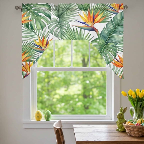 Green Leaf Swag Valances for Kitchen Window, Bright Bird of Paradise Flower Emerging from Lush Greenery Small Swag Valances Rod Pocket Curtain Drapes Window Treatment for Bedroom Bathroom, 56x36 Inch