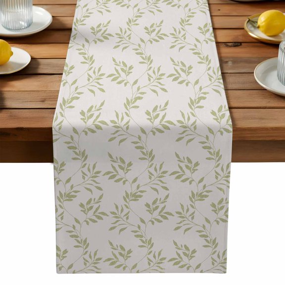 Green Leaf Table Runner, Vintage Farmhouse Botanical Plant Linen Washable Kitchen Table Runners Dress Scarves for Dining Table Decorations Party, 13x36in
