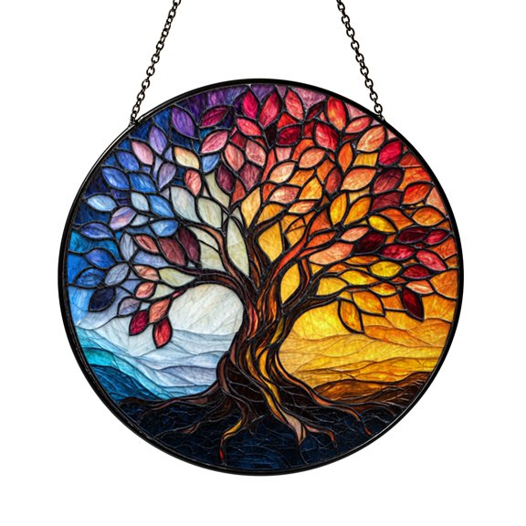 Green Leaf Tree Window Hanging – Stained Glass Style Nature Art