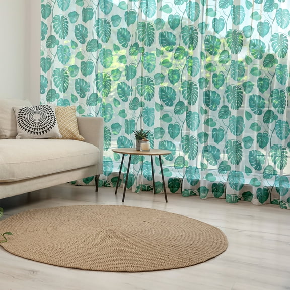 Green Leaf Tulle Curtains with Rod Pocket, Tropical Palm Tree Leaves Exotic Hawaiian Foliage Rainforest Jungle, Sheer Drape for Wedding Party 2 Panels, 7 Sizes, Sea Green White Teal, by Ambesonne