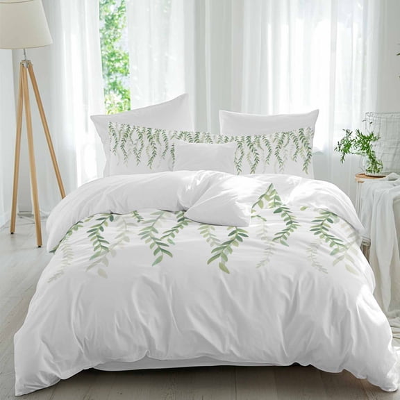 Green Leaf Twin Size Comforter Set, Pastoral Plant Watercolor Leaves Spring Bedding for All Seasons, 4 Pcs Bed Set, 1 Quiltcover (68"x86") ,1Sheet(67"x116"), 2Pillowcases (30"x20")