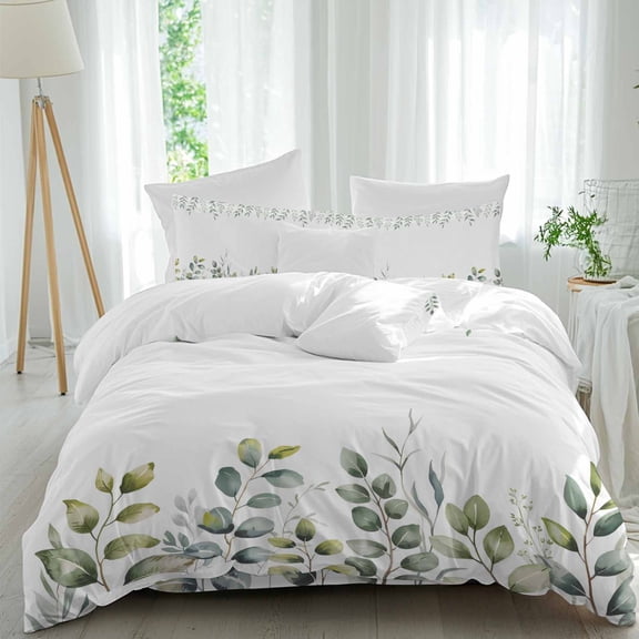 Green Leaf Twin Size Comforter Set, Plant Pastoral Watercolor Leaves Bedding for All Seasons, 4 Pcs Bed Set, 1 Quiltcover (68"x86") ,1Sheet(67"x116"), 2Pillowcases (30"x20")