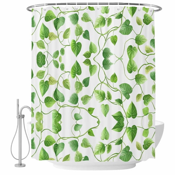 Green Leaf Vine Fabric Shower Curtain White Backgrund Washable Shower Curtains for Bathroom, Waterproof Bath Curtain with Hooks Home Decor 72x72in