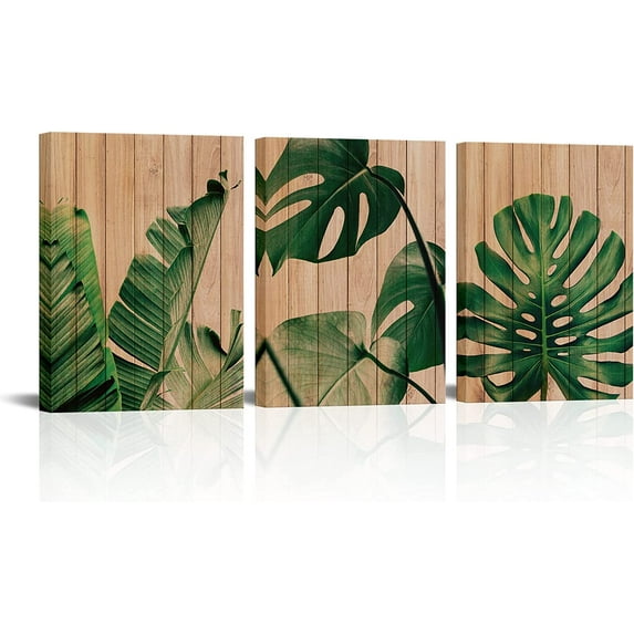 Green Leaf Wall Art Tropical Plants Picture Prints on Wood Background Palm Banana Monstera Canvas Art Watercolor Minimalist Painting for Bathroom Decoration 12"x16"