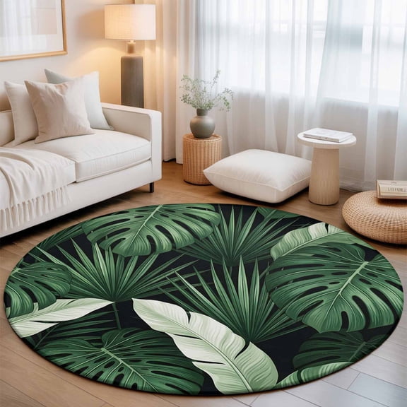 Green Leaf Washable Round Area Rug 3 ft, Tropical Dark Green Monstera Palm Leaves, Soft Non Slip Rugs Stain Repellent Indoor Felt Carpet for Living Dining Room Bedroom Home Office