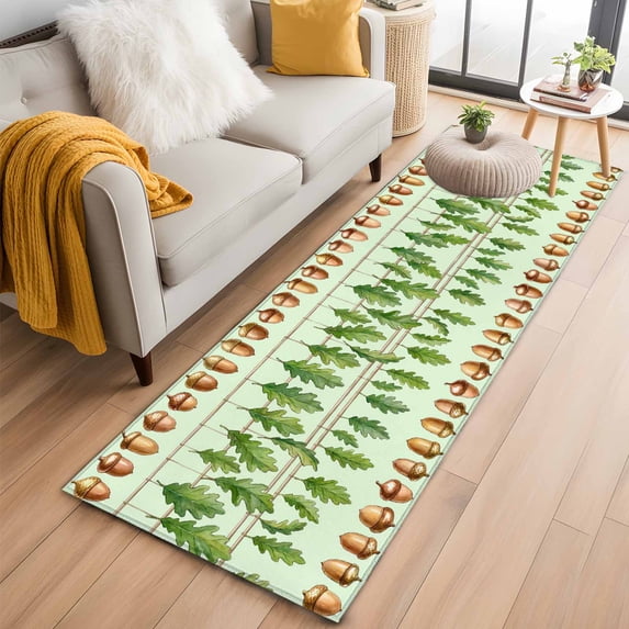 Green Leaf Washable Runner Rugs 2'x6', Brown Oak Fruit Plants Cartoon Fruits Abstract Low Pile Throw Entryway Rug Non-Slip Sturdy Edge Binding Carpet for Indoor Bedside Entrance Bedside
