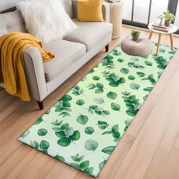 Green Leaf Washable Runner Rugs 2'x6', Summer Green Eucalyptus Leaves Plants Farmhouse Watercolor Low Pile Throw Entryway Rug Non-Slip Sturdy Edge Binding Carpet for Indoor Bedside Entrance Bedside