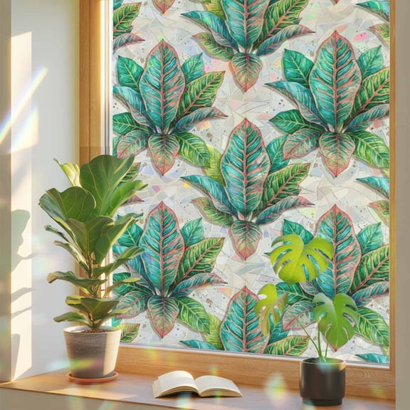 Green Leaf Window Privacy Film, Botanical Tropical Lush Foliage Deep Green Leaf Stained Glass Rainbow Film Decorative Window Clings, Static Cling Sun Blocking Stickers 17.7" x 39.3"