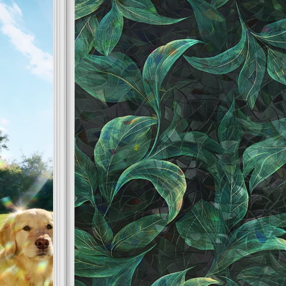 Green Leaf Window Privacy Film Stain Glass,Reusable Decorative Rainbow Window Film,Nature Vines Branch Summer Tropical Plant Static Cling Sun Blocking Stickers Decals Covers 17.7" x 39.3" (2pcs)
