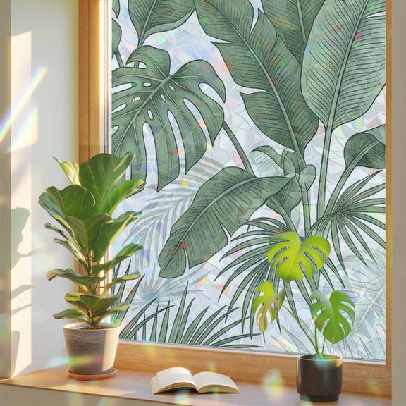 Green Leaf Window Privacy Film, Summer Sage Green Banana Leaf Stained Glass Rainbow Film Decorative Window Clings, Static Cling Sun Blocking Stickers 23.6" x 59"