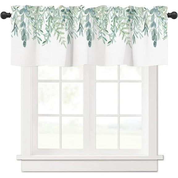 Green Leaf Windows Valances Curtain Watercolor Floral Eucalyptus Kitchen Rod Pocket Short Panels Retro Window Treatment Topper Curtains for Living Bedroom Farmhouse 1 Panel, 54x18 in