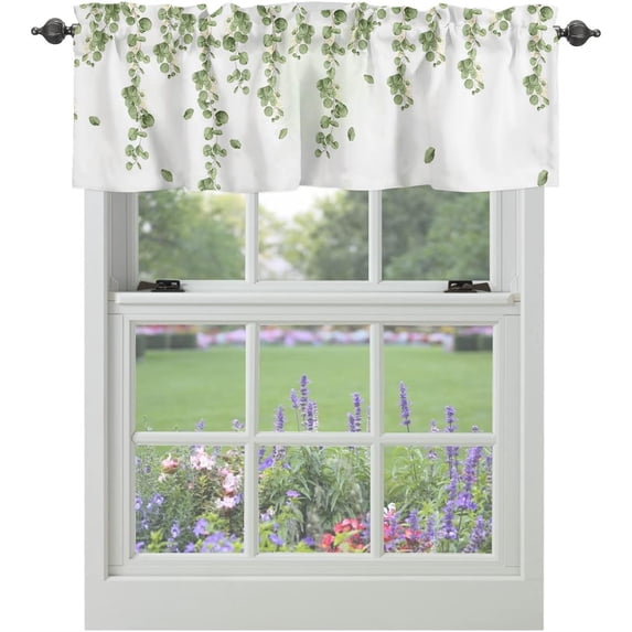 Green Leaf Windows Valances Curtain Watercolor Floral Green Eucalyptus Kitchen Valances Rod Pocket Round Leaves Window Treatment Short Topper Curtains for Kitchen Bathroom Living Room 1 Panel,54x18 in