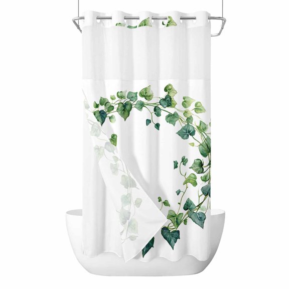 Green Leaf Wreath No Hooks Shower Curtain with Snap-in Liner Spring Circle Flower Plant Botanical Farmhouse Shower Curtains for Bathroom, Waterproof, Easy Install, Washable 36"x78"