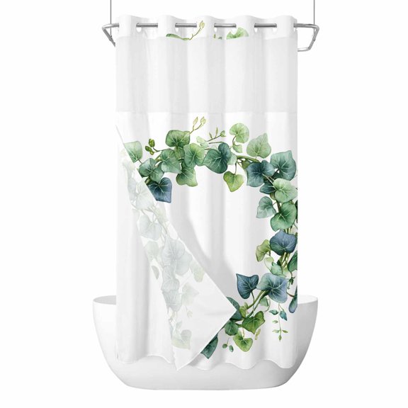 Green Leaf Wreath No Hooks Shower Curtain with Snap-in Liner Spring Circle Flower Plant Watercolor Farm Shower Curtains for Bathroom, Waterproof, Easy Install, Washable 36"x72"