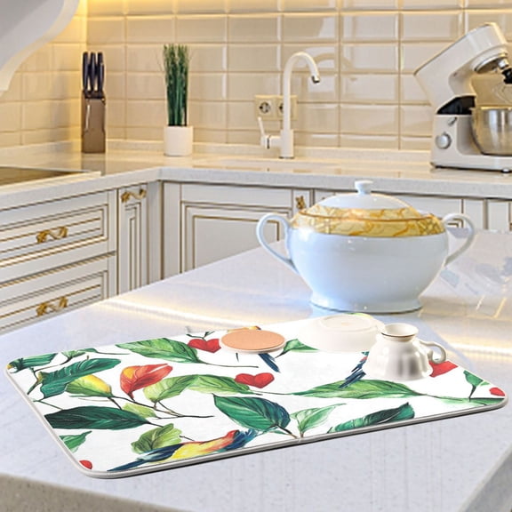 Green Leaf and Love Dish Drying Mats for Kitchen Counter Absorbent Microfiber Coffee Pad