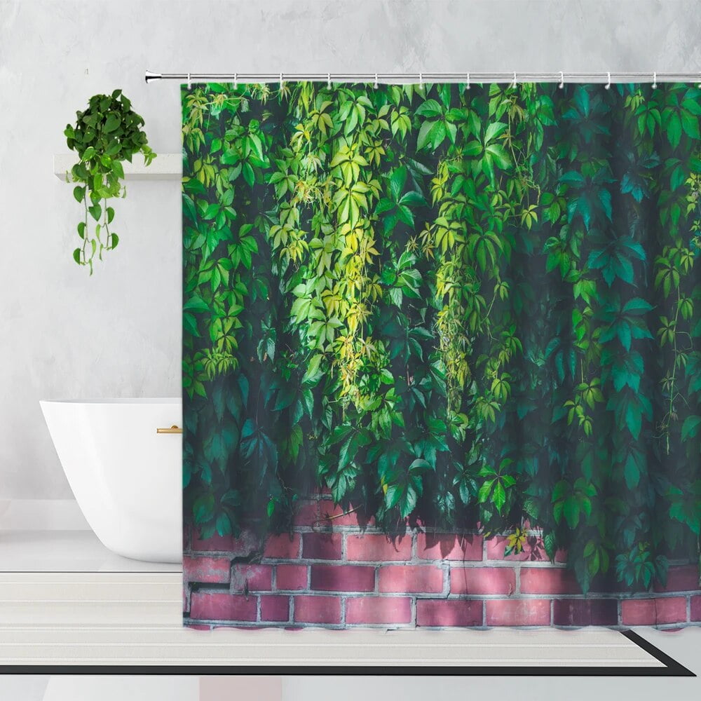 Green Leafy Plants Flowers Shower Curtain Retro Walls Vines Home Decor
