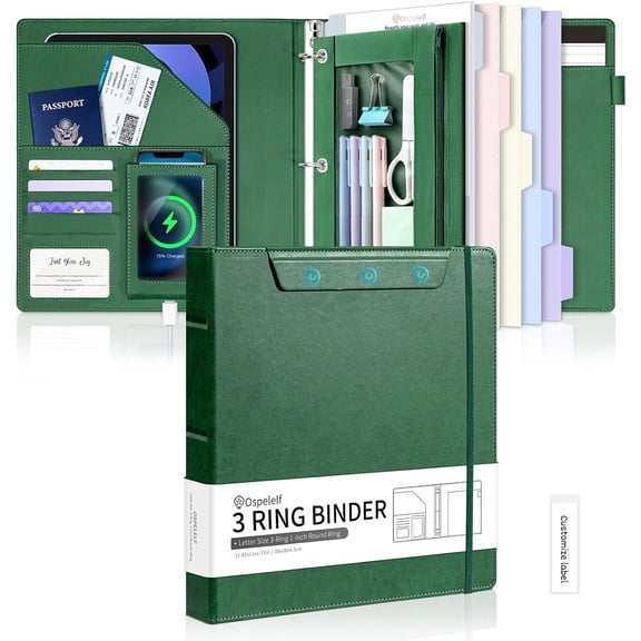 Green Leather 3 Ring Binder 1 Inch Round Ring, Magnetic Clipboard Folio with Storage Zipper Pouch, 5 Dividers with 10 Pockets, Professional Binder for School Office Nursing