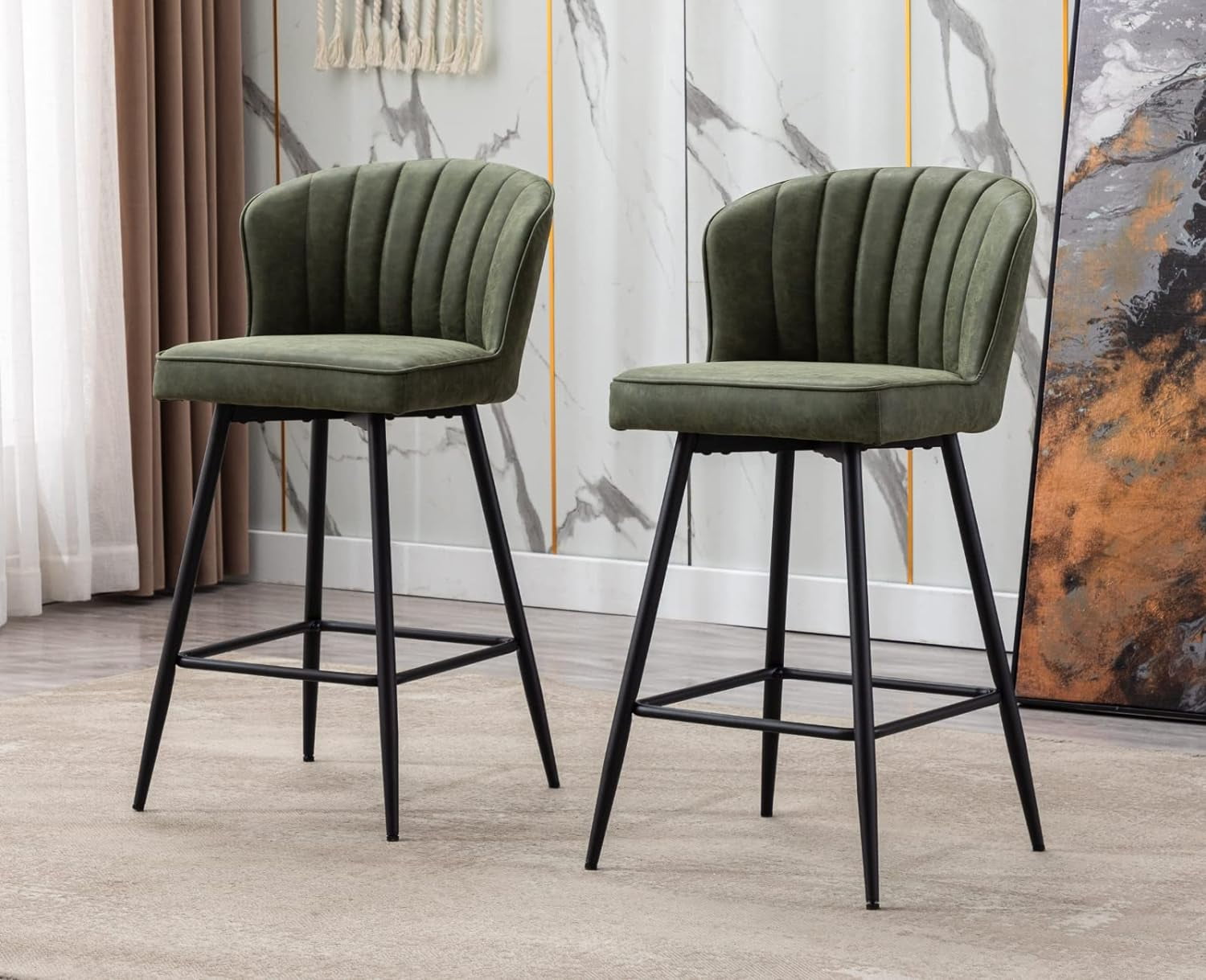 Green Leather Bar Stools Set of 2 Modern Counter Height Barstools with ...