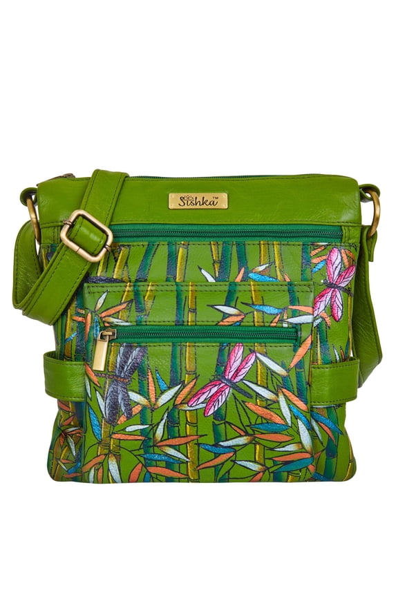 Bamboo & Dragonfly Hand-Painted Leather Ladies Bags  Green Artistic Crossbody, Sling & Shoulder Purse for Women