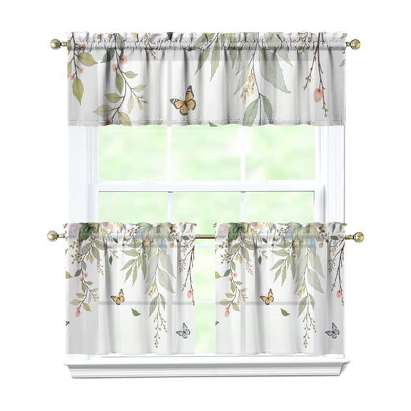 Green Leaves 3-Piece Kitchen Curtains Set Kitchen Curtains Sets with Valance for Windows Rod Pocket Machine Washable Kitchen Decor(54"x18"+2x27.5"x24")
