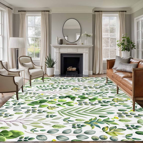 Green Leaves Area Rugs 5'x8', Washable Small Throw Rugs for Classroom Bedroom, Elegant Pastoral Summer Botanical Leaf Indoor Outdoor Rug Non-Slip Low Pile Carpet Runner Reversible Floor Mats