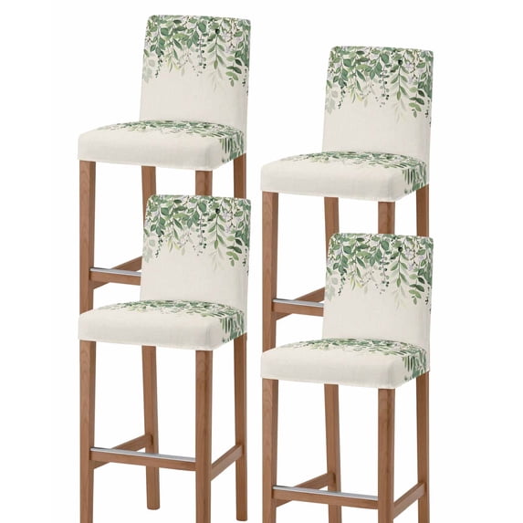 Green Leaves Bar Stool Covers Set of 4, Summer Botanical Stretch Washable Bar Chair Covers with Backs, Removable Pub Counter Height Chair Cover for Kitchen Dining Room Cafe Watercolor Weeping Rustic