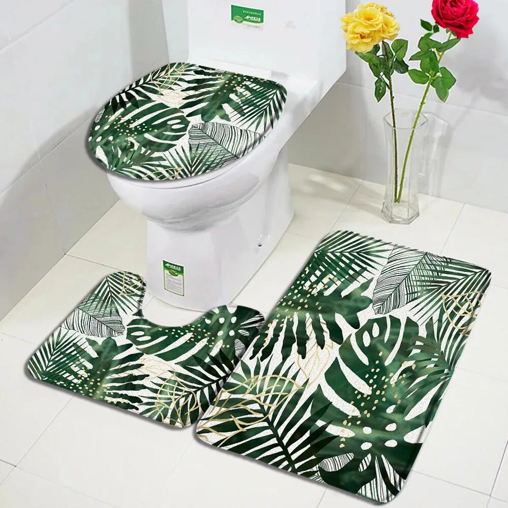 Green Leaves Bath Mat Set Tropical Plant Palm Leaf Monstera Print Home