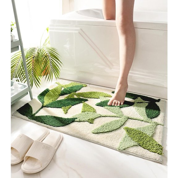 Green Leaves Bath Mats Bathroom Rugs Non-Slip Soft Microfiber Absorbent Machine Washable Entrance Doormat Boho Carpet for Bathroom Floor Tub Shower 17.5 X 25.5 Inches