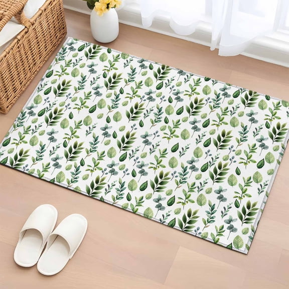 Green Leaves Bathroom Rug Washable 2x3 Entryway Rug Non Slip Pastoral Rustic Botanical Plant Watercolor Front Door Mat Low Pile Indoor Doormat Throw Floor Carpet for Kitchen Bedroom Entrance
