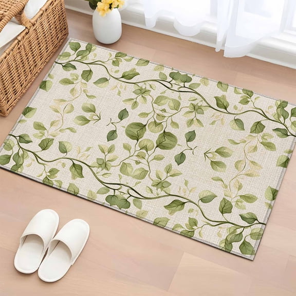 Green Leaves Bathroom Rug Washable 2x3 Entryway Rug Non Slip Spring Retro Watercolor Pastoral Plants Front Door Mat Low Pile Indoor Doormat Throw Floor Carpet for Kitchen Bedroom Entrance